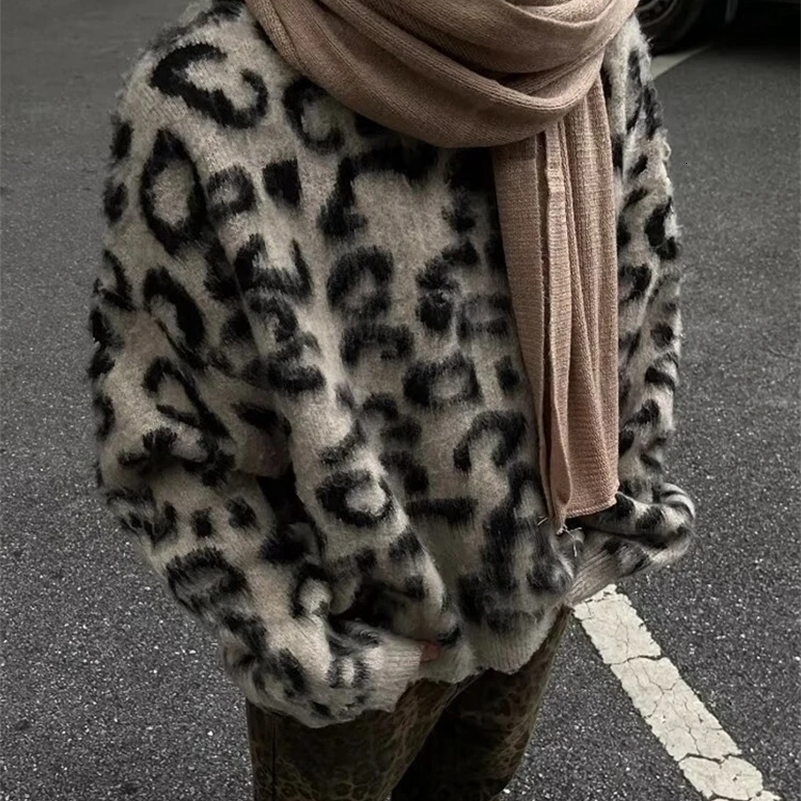 Mohair sweater mens wool leopard South Korean thick warm knitted winter loose casual long sleeved floral dress 240829