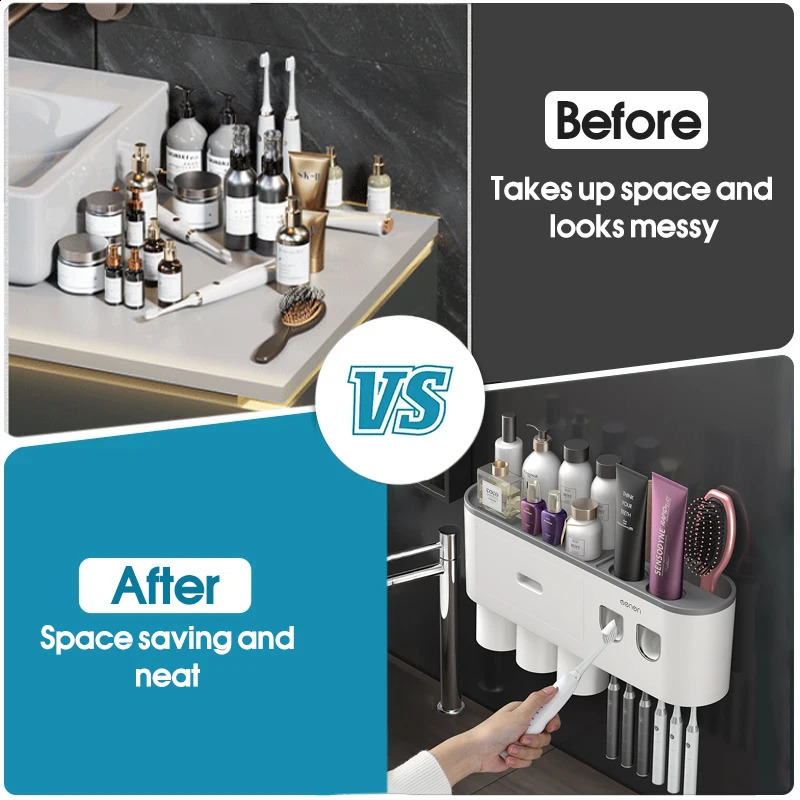 Wall-mounted Toothbrush Holder With 2 Toothpaste Dispenser Punch-free Bathroom Storage For Home Waterproof Bathroom Accessories 240830