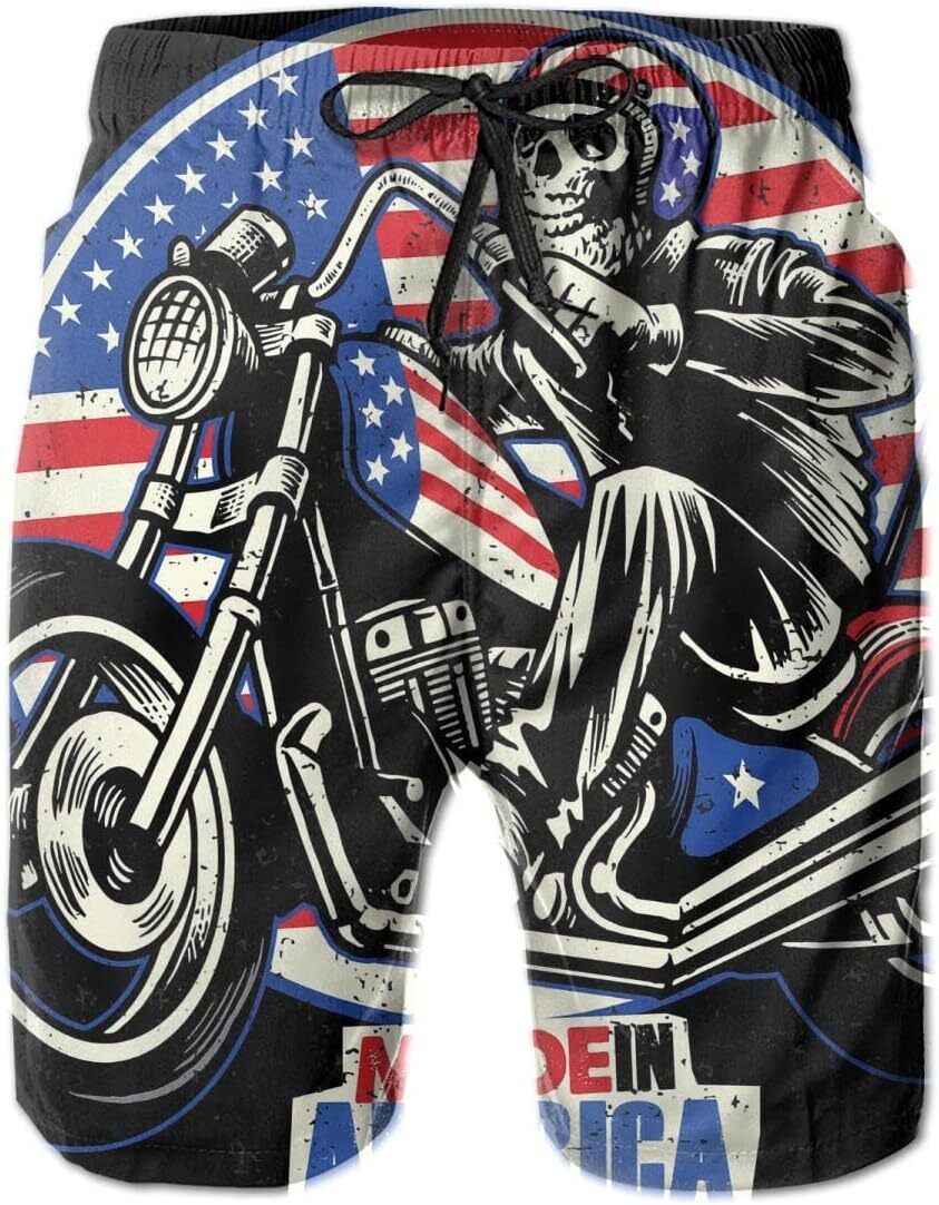 Mens Shorts 3D Printing Pattern Skull Ride An American Flag Painted Motorcycle Men Swim Trunks Quick Dry Beach Hawaiian Pants For Man