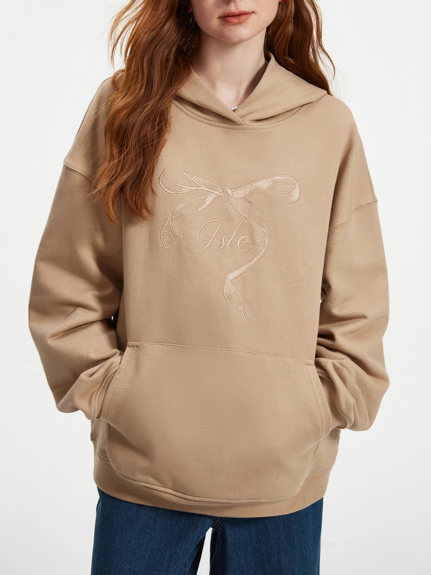 FSLE Cotton 100% Hoodie Loose Shoulder Autumn Bow Embroidered Womens Casual Top 24FS13243 240827