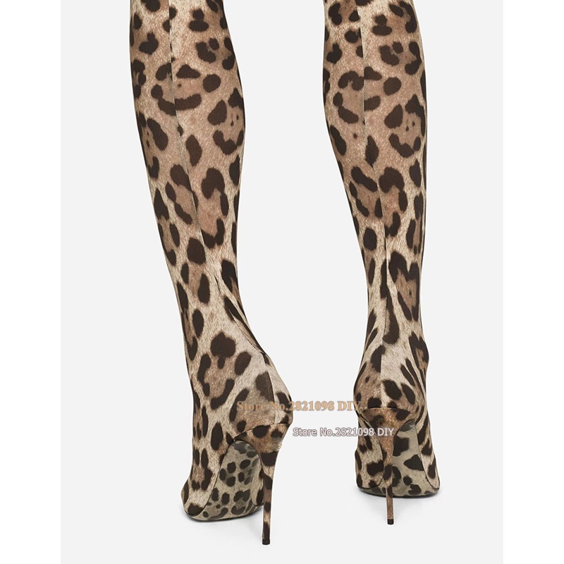 Leopard Printed Thin Heel Thigh High Stiletto Slim Fit Stretch Long Boots Women Pointed Toe Woman's Shoes