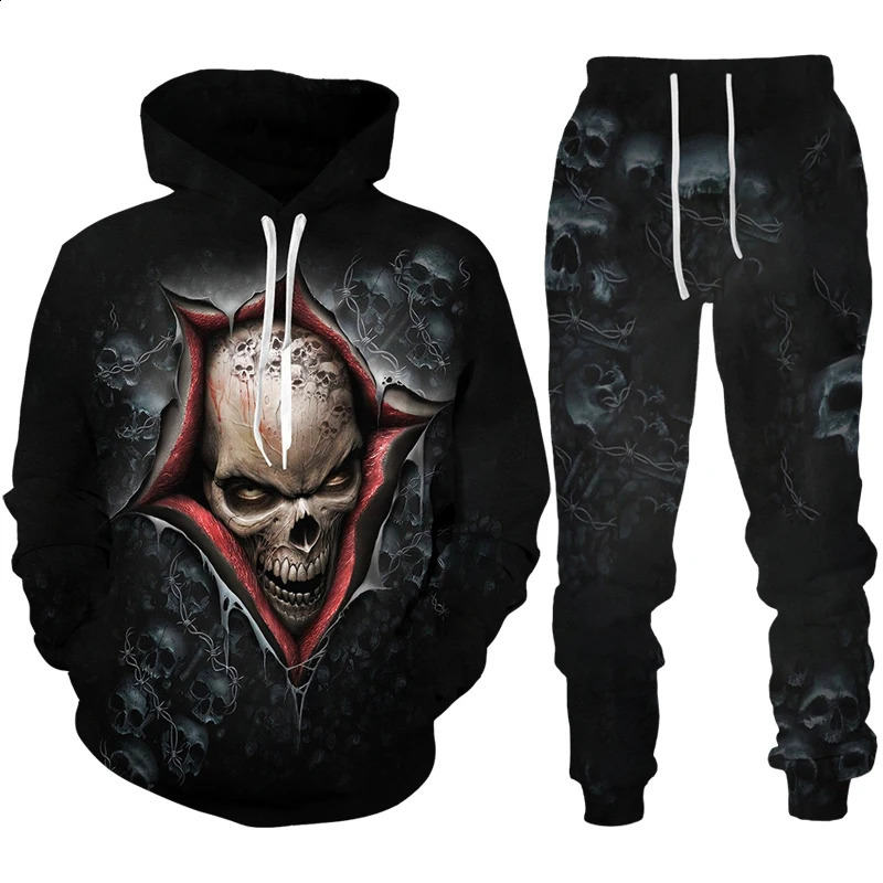 Personalized Skull 3D Printed Mens Track Wear Set Gothic Punk Hoodie Sweatshirt/Set Cool Halloween Street Costume 240829