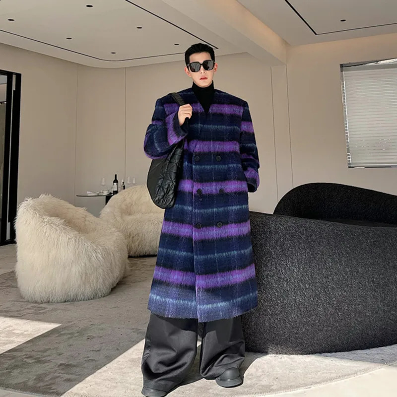 NOYMEI winter plain weave n wool coat thick purple long fully matched Korean style collarless coat for men WA3536 240829