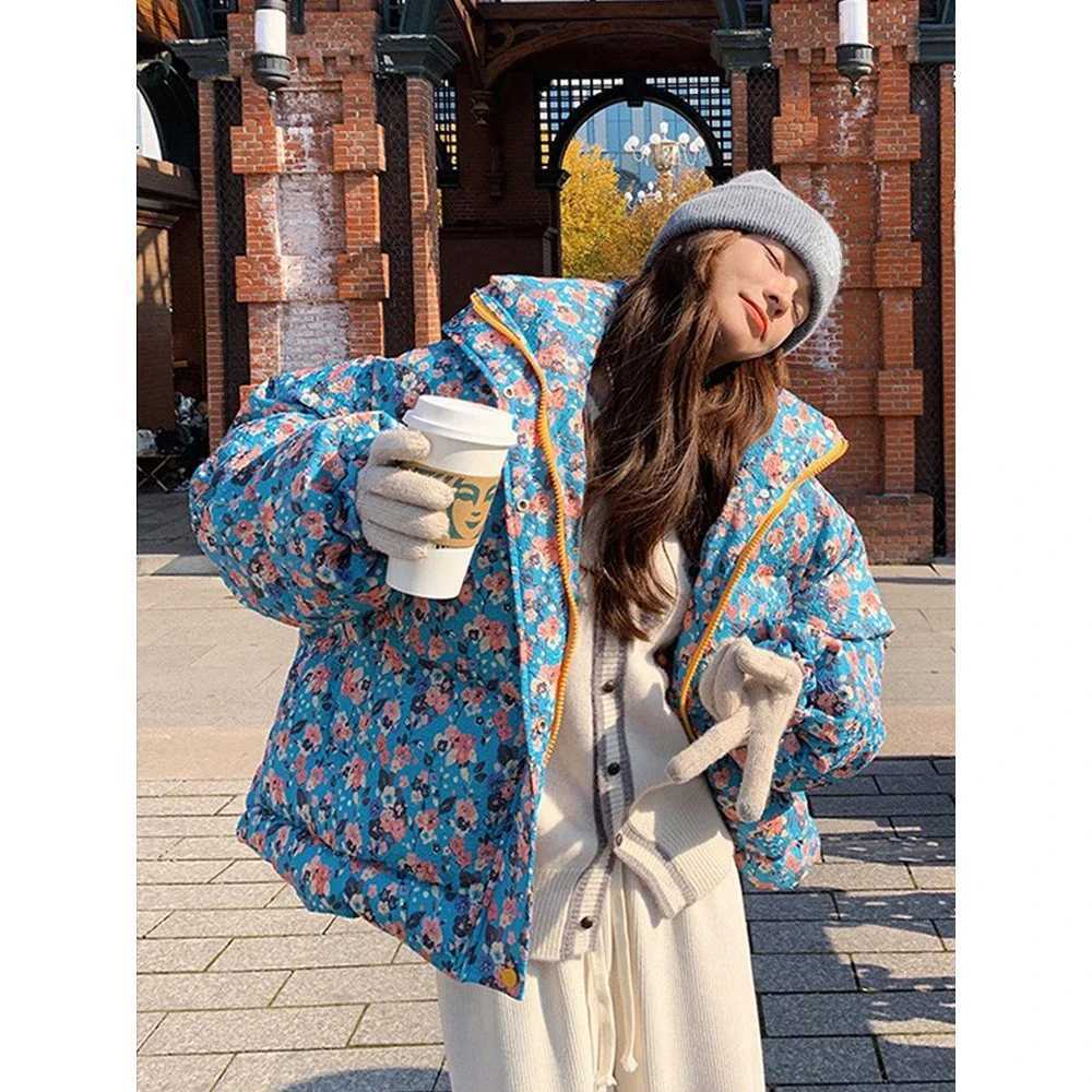 Women's Down Parkas Womens tailored floral bedding jacket floral print lightweight apron coat zipper style stand up collar warm jacket Y240824EVT