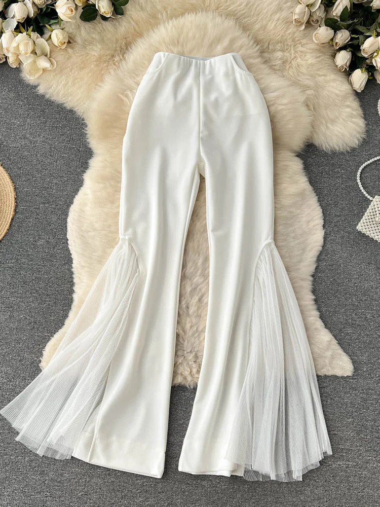 Mesh splicing Y2k womens pants for spring high waist solid wide leg Flare fashionable and casual 240827