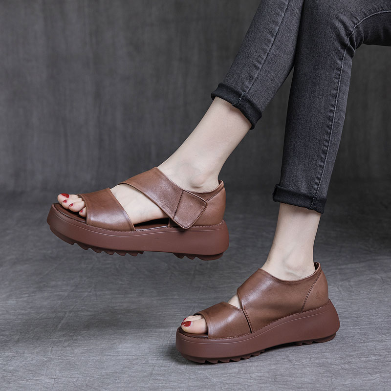 DRKANOL Women Platform Sandals 2024 Summer Wedges Heel Open Toe Shoes 100% Genuine Leather Casual Sandals Female Handmade Retro