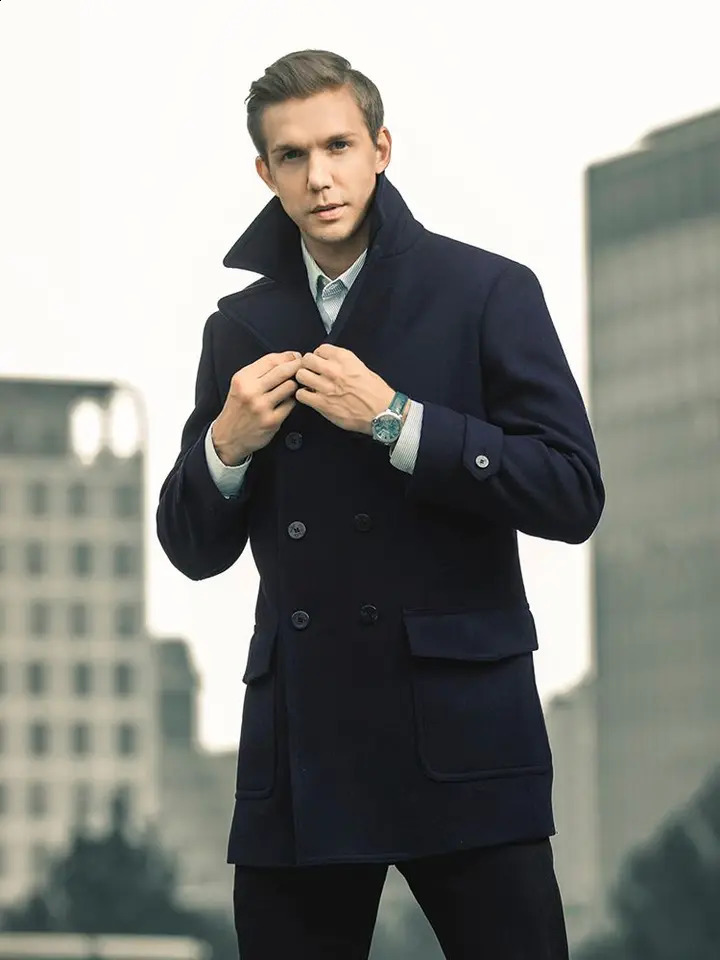 American retro navy blue wool mens slim fit jacket medium length business casual windproof jacket 240829