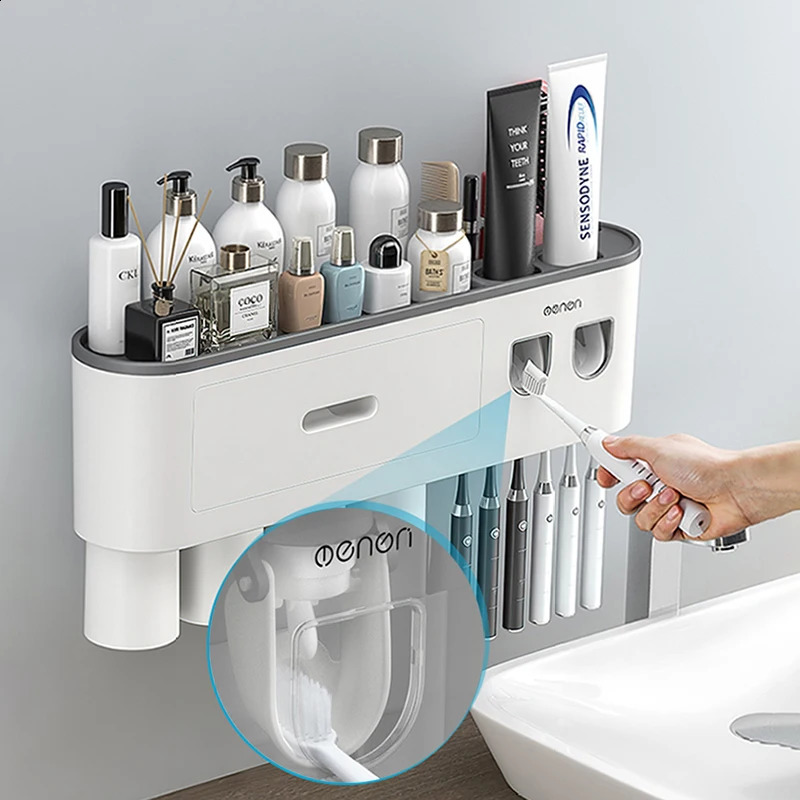 Wall-mounted Toothbrush Holder With 2 Toothpaste Dispenser Punch-free Bathroom Storage For Home Waterproof Bathroom Accessories 240830
