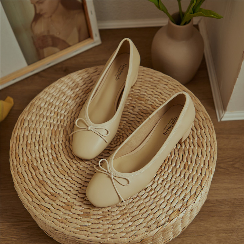 2024 Genuine Leather Women Shoes Fashion Butterfly-knot Spring and Autumn Pumps Slip-On Casual Shoes Chunky Heel Size 34-40