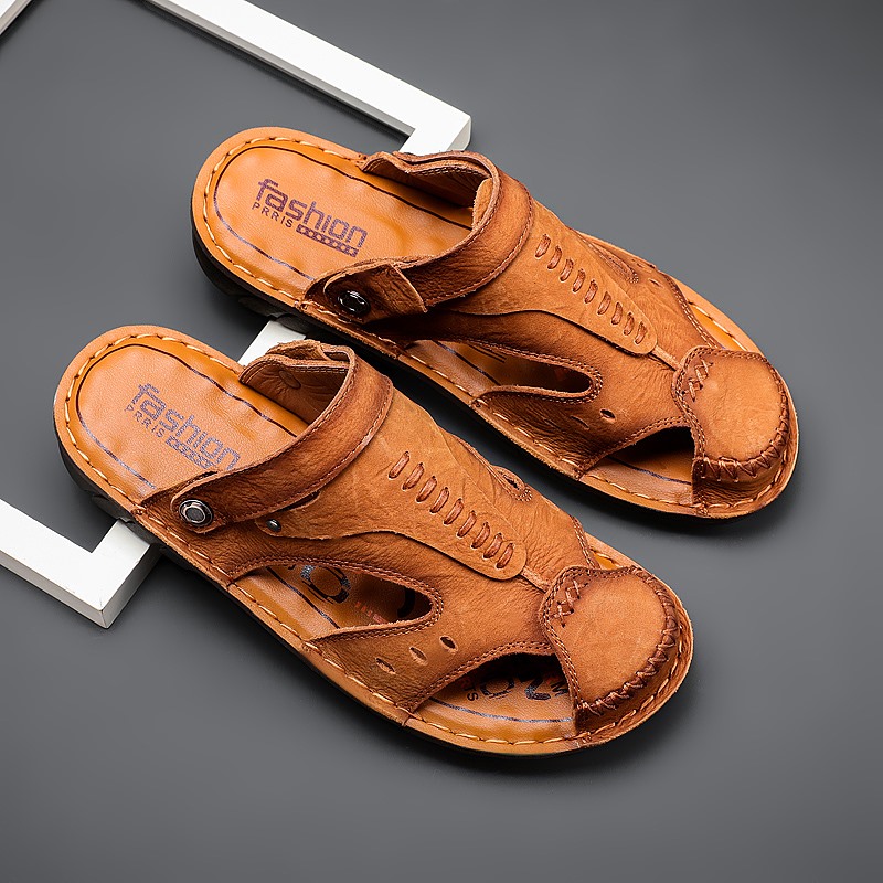 Men Shoes Flats Slip on Leather Sandals Men Fashion Non-slip Slippers Outdoor Sandy Beach Men Sandals Breathable High Quality