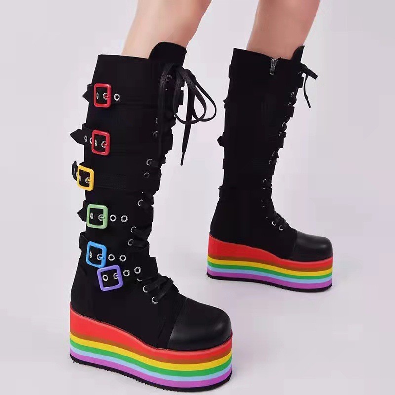 High Boot Knee Women Fashion Novelties 2022 Rainbow Platform Cowboy Boots Designer Thick Sole Shoes Botas Altas Plataforma Mujer 0316 s