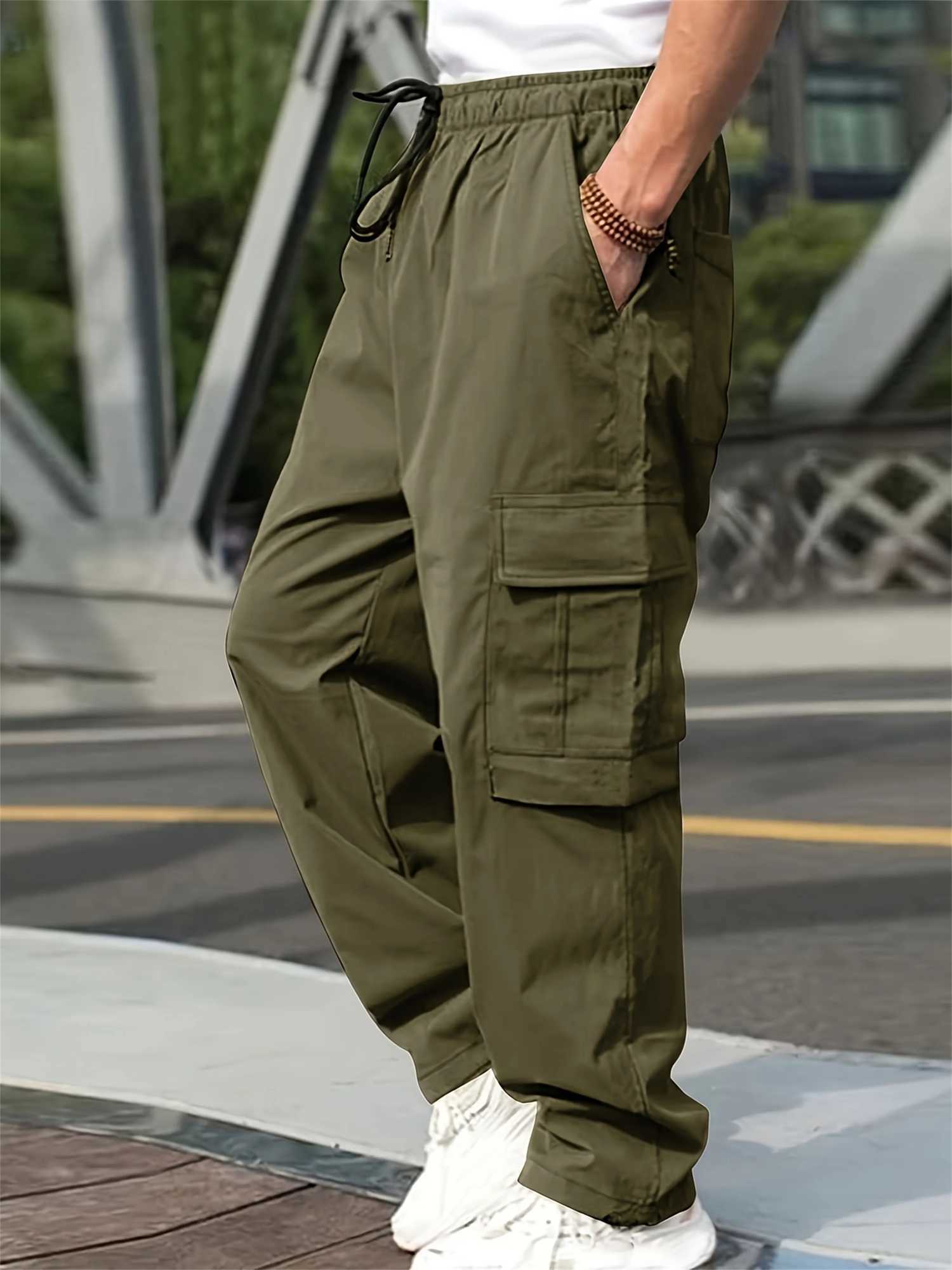 2024 Spring/Summer New Mens Casual Pants Solid Color Brushed Multi Pocket Sports Running Straight Work Pants W250318