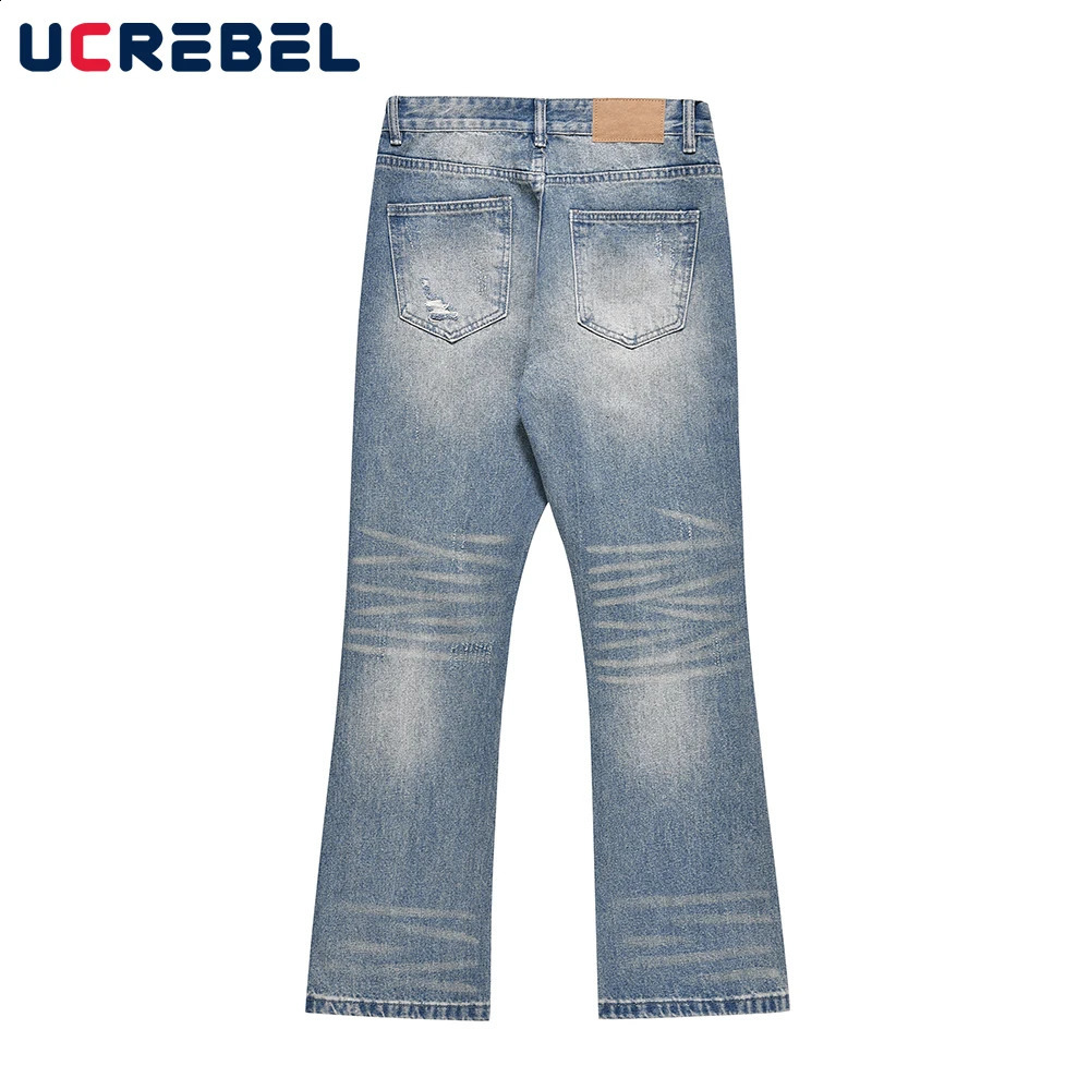 Tear hole casual jeans mens retro washed Distressed loose straight leg Vibe style glitter pants 240829