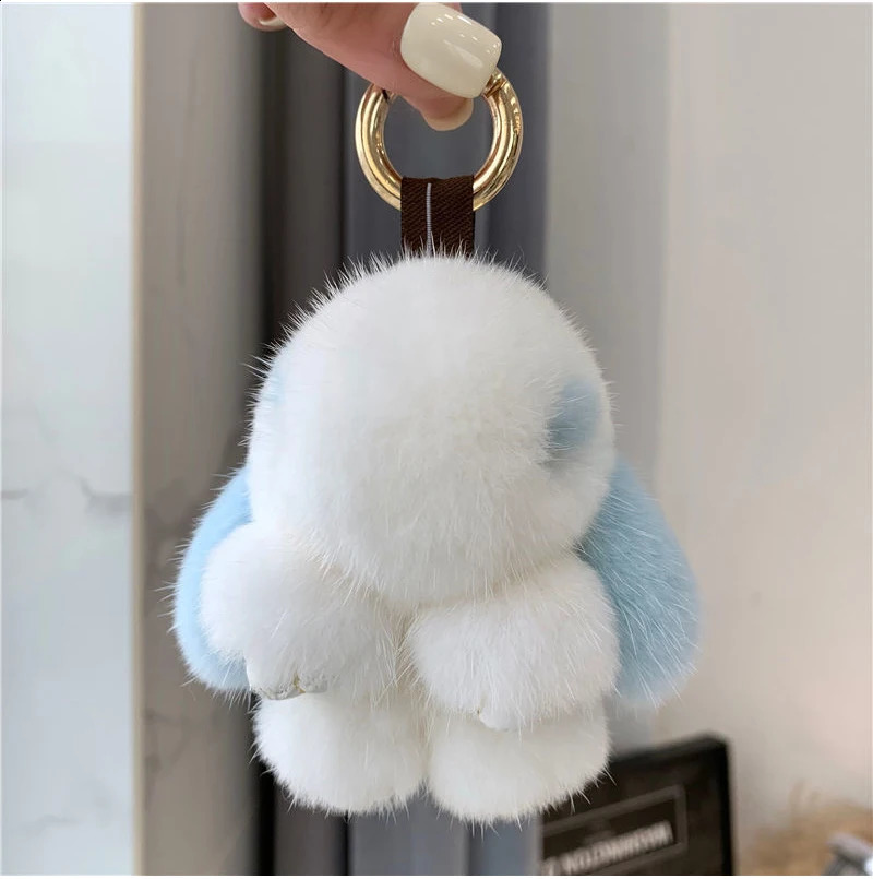 Cute Long Ear Bunny Keychain Real Mink Fur Rabbit Doll Pendant Toys Keyring Handbag Charm Ornament Pompom Plush Jewelry Gifts y240829