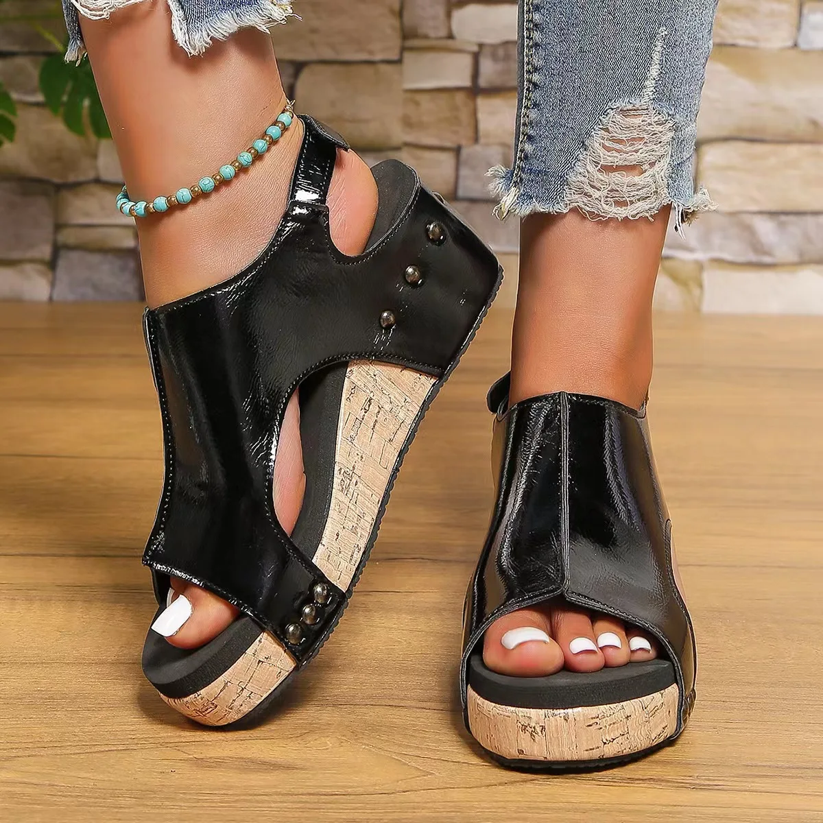 2025 new Women Leopard Hollow Out Platform Wedge Summer Sandals Buckle Strap Peep Toe Thick Bottom Casual Shoes d01a