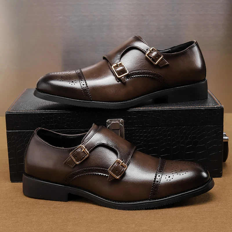 2024 Men's Black Low Top Leather Shoes Classic Double Buckle Fashionable Business Banquet Party Brown Pointed Leather Shoes