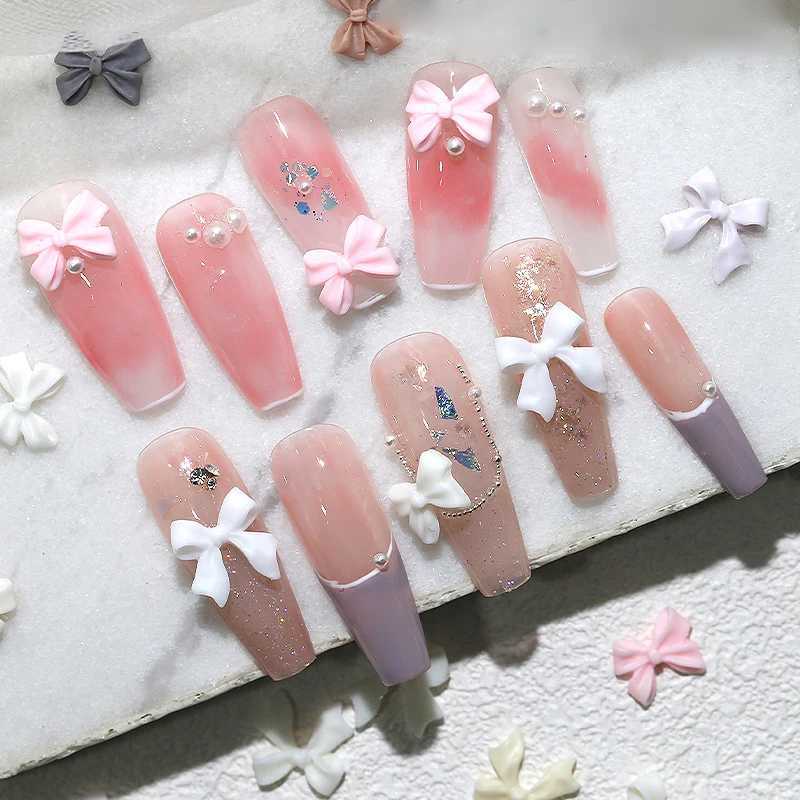 50 pieces of pink and white ribbon bow nails charming Korean red nails artistic tie decorations Kawaii accessories handmade design supplies W240829