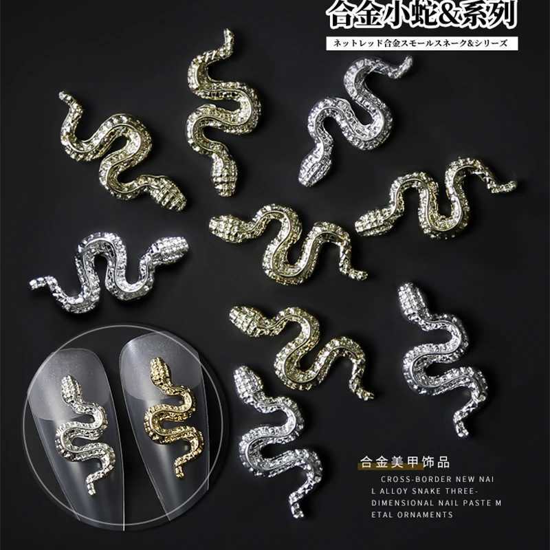 10 pieces of 3D gold/silver snake nail charm metal alloy snake nail art Rhinestone handmade jewelry for DIY luxury accessories W240829