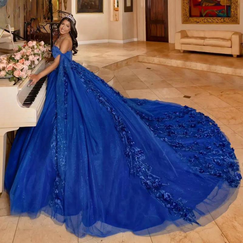 Royal Blue Ball Gown Quinceanera Dresses Off The Shoulder Appliques Lace 3D wers Tull Corset Sweet 16 Dress Vestido De 15 Anos