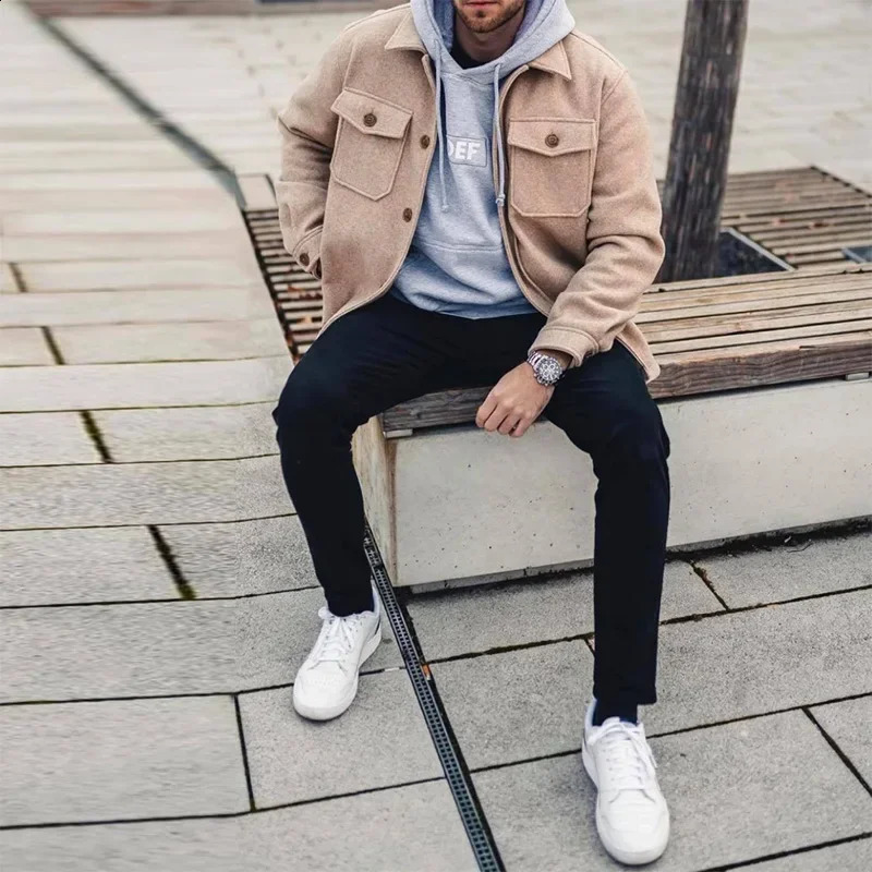 Mens jacket autumn winter youth casual wool coat long sleeved single chest pocket jacket cardigan mens top 240829