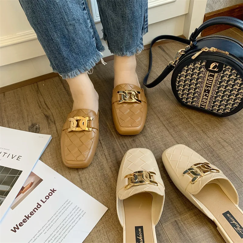 Women Light Outdoor Flat Mules Temperament Square Head Slides Fashion Plaid Metal Buckle Modern Slippers Roman Sandals 4 a59f1