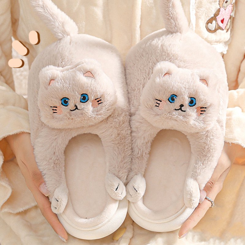 Comwarm Cute Cat Plush Slippers For Women Men Home Furry Slippers Indoor Kawaii Floor Shoes Non-slip Fluffy Winter Warm Slippers