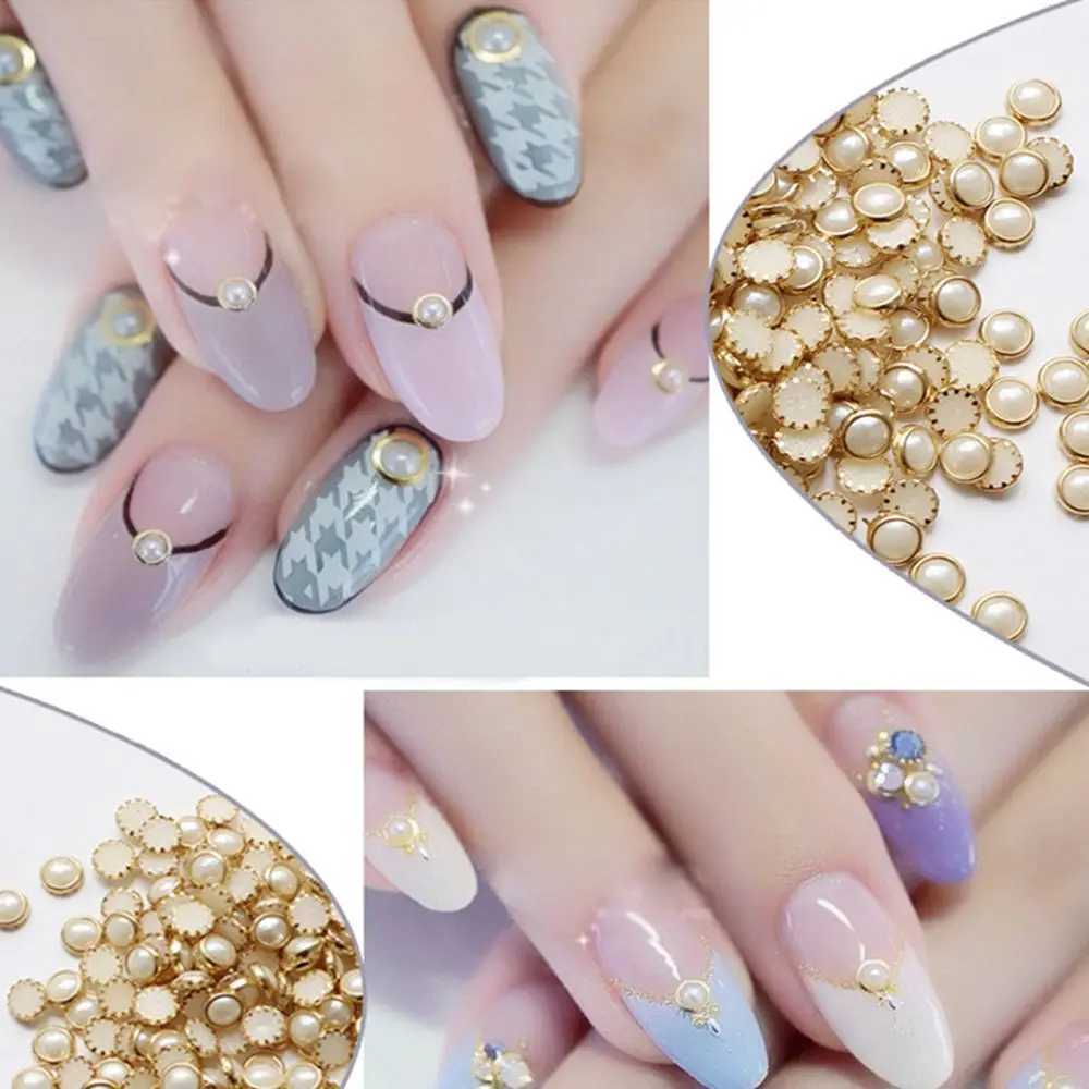 100pcs 4mm 5mm 6mm multi-color semi-circular pearl metal rhinestone DIY nail art nail bead beauty glitter decoration W240829