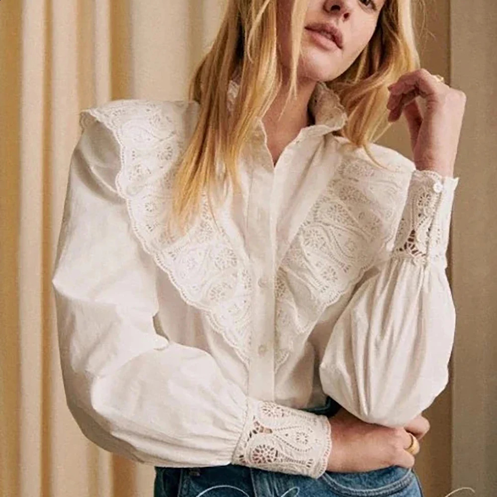 ZESSAM Lace Embroidery Women Shirt Long Sleeve Hollow Out Button Ruffle Cardigan Vintage Classic Casual Lady Top 240827