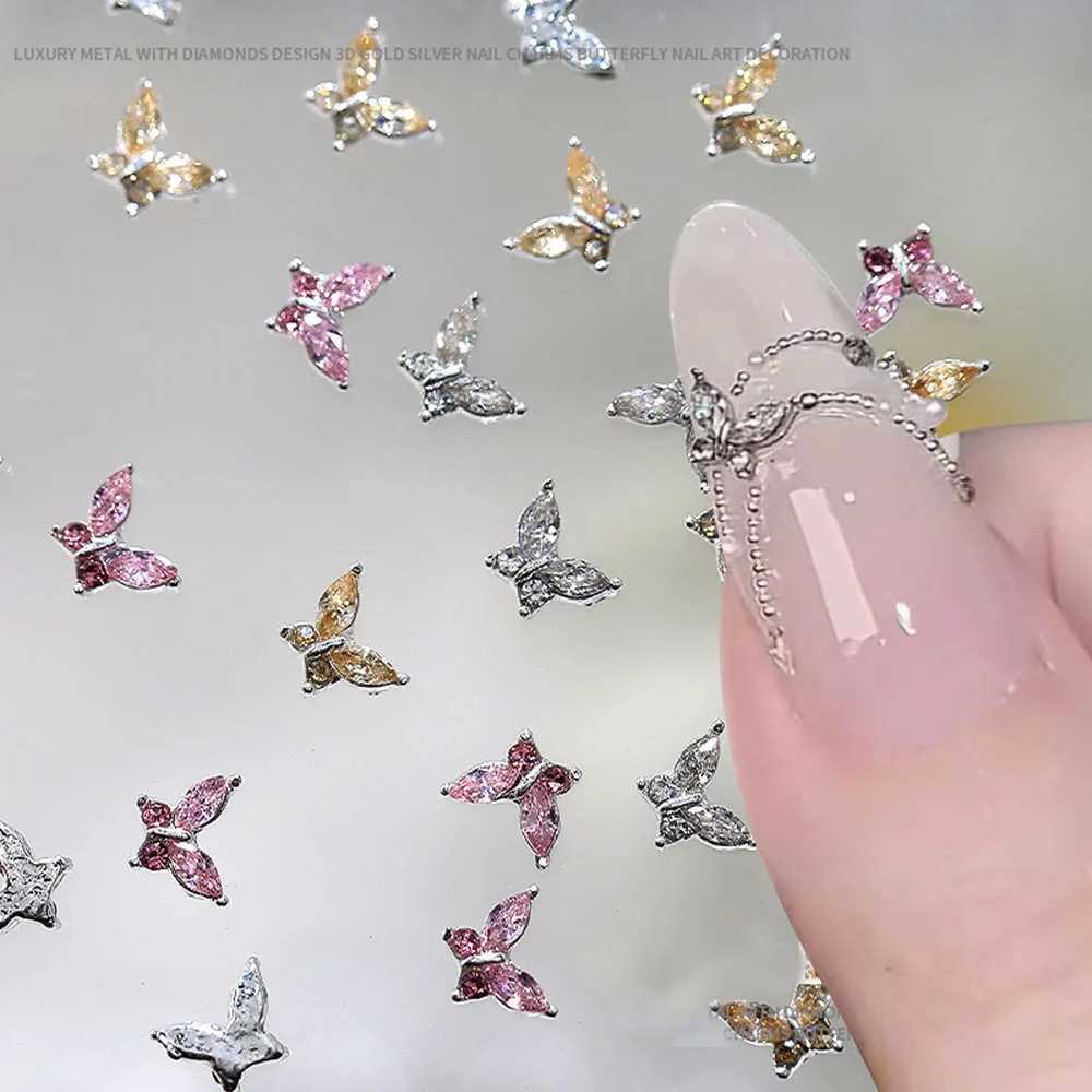 10 pieces of mini 4 * 5mm crystal butterfly nails artistic charm 3D diamond jewelry parts pink transparent metal processing decoration rhinestone gems