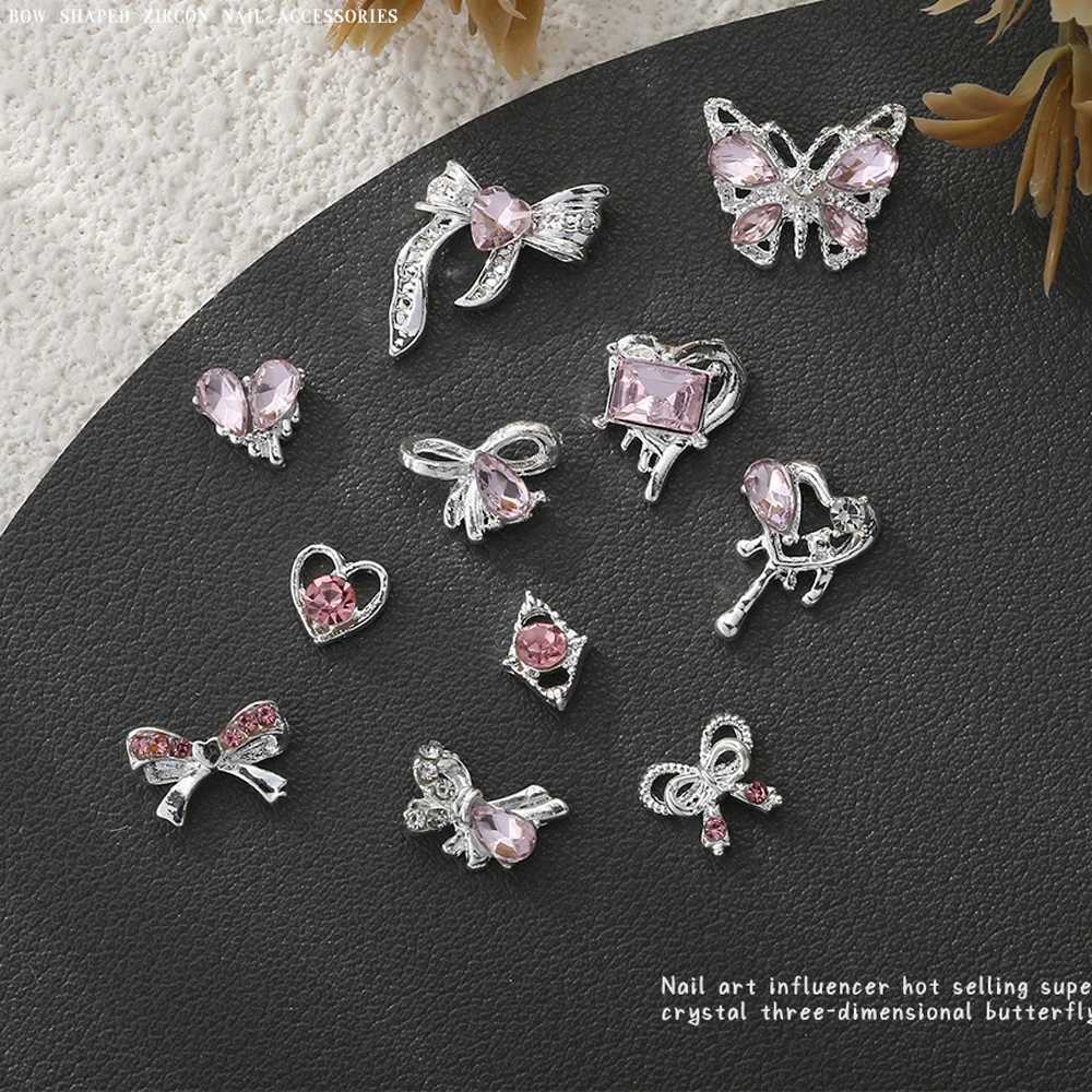 10 Zircon Pink Nail Art Charm 3D Luxury Bow Heart Butterfly Inlaid with Pink Diamond Water Diamond Decoration DIY Handle Parts W240829