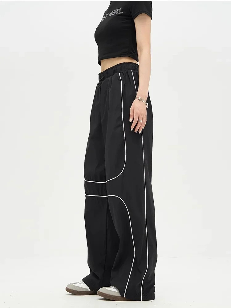 Womens retro Y2K striped reflective black sports pants with oversized wide legs for Trousers 240827