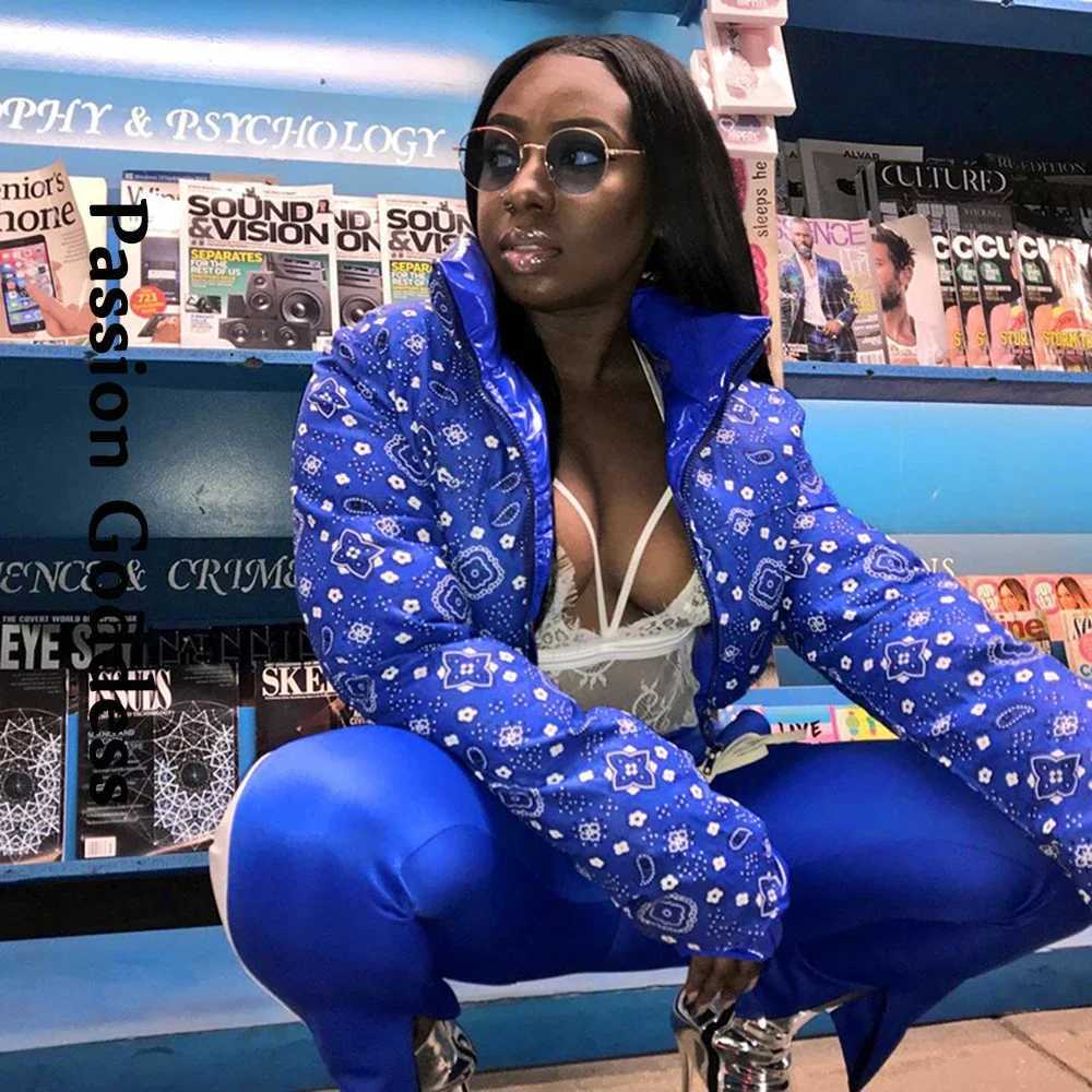 Women's Down Parkas Women Shiny PU Camouflage Puffer Jacket Winter Camo Bubble Coats Zip Paisley Leather Patchwork Parkas Down Both Side Wear Y24