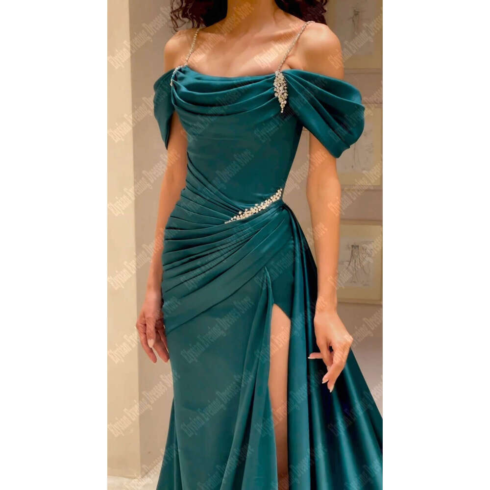 Elegant Slit Lady Evening Dresses Long Satin Formal Princess Gowns Off The Shoulder Side Split Pleat Vestidos De Noche