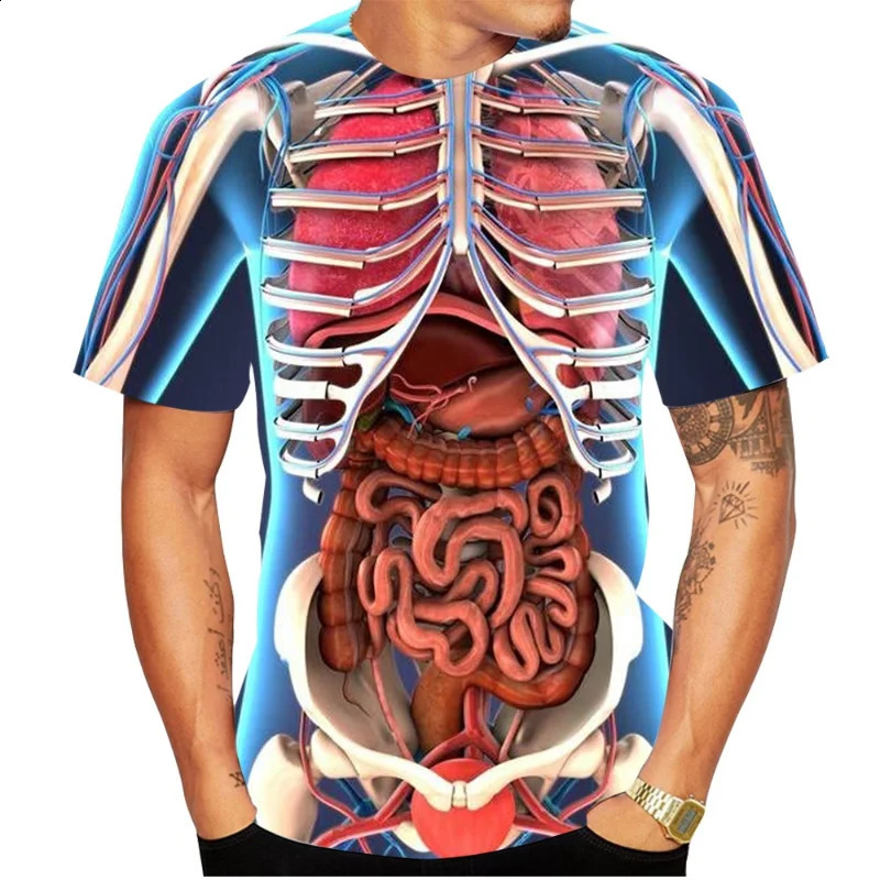 Skeleton Internal Body Organs Digestive System 3D Printed T-shirt Summer Short sleeved T-shirt Neutral Breathable Shoulder Clothing 240829