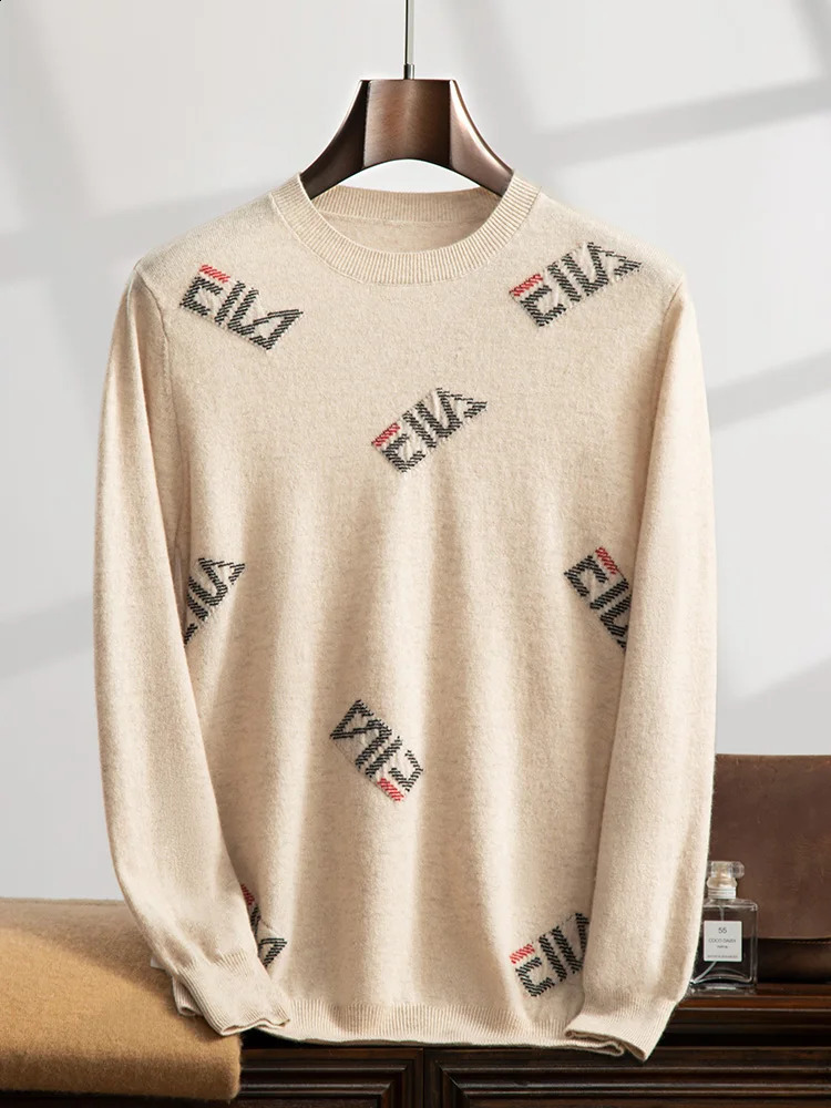 ANGEL Mens O-neck Shirt 100% Cashmere Knitted Lanhua Letter Jacquard Sweater Autumn/Winter Casual Long Sleeve Clothing 240829