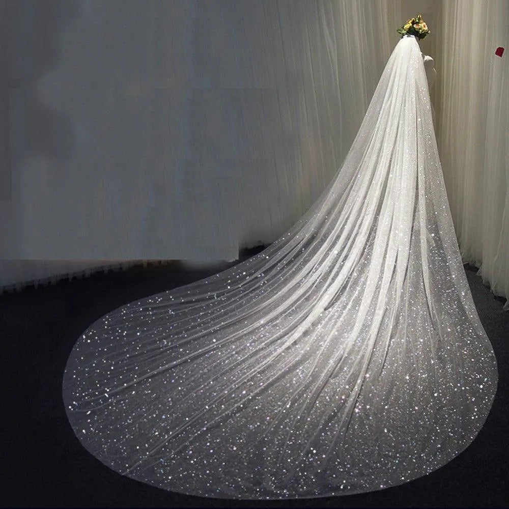 Bling Wedding Veils Sequins One Layer Long Cathedral Length Veils Cut Edge Velo De Cabeza For Bride Voile Custom Made