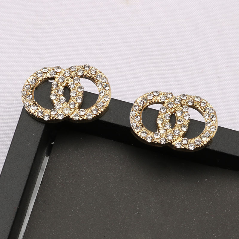 Simple Designers Letters Stud Earring Gold-color Metal Round Geometric Famous Women Crystal Rhinestone Pearl Earring Wedding Party Luxury Jewerlry Gifts