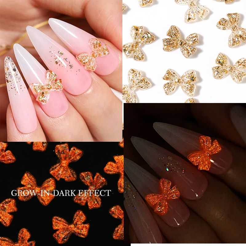 50 pieces of 3D luminous nail charm accessories jelly ribbon bow nail decoration transparent crystal handmade jewelry W240829