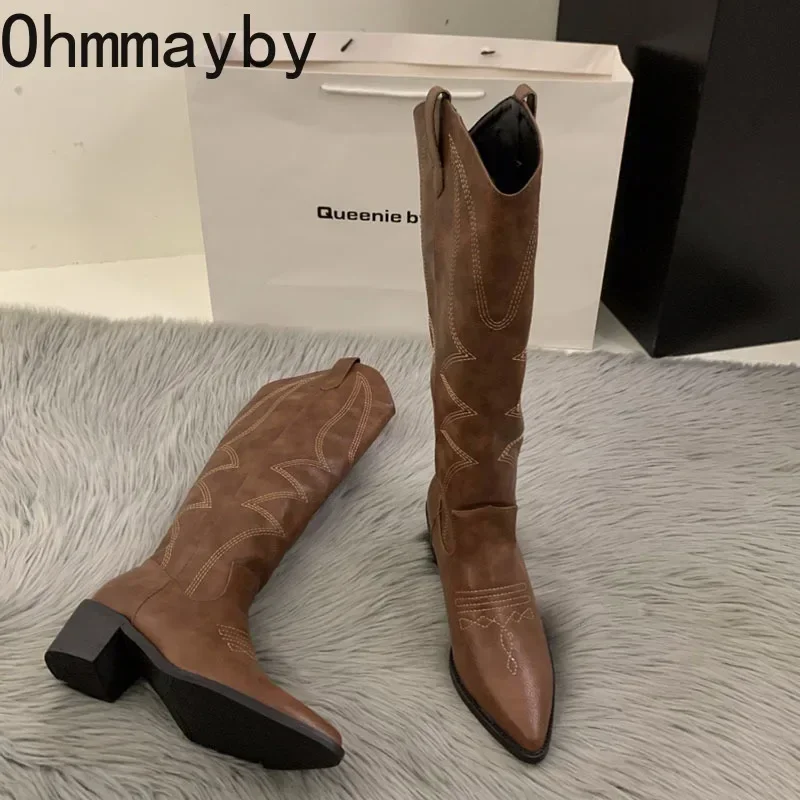 Cowboy Women Boots Fashion Square Low Heel Ladies Elegant Slip On Long Booties Winter Pointed Toe Women's Footwear 15d8 's