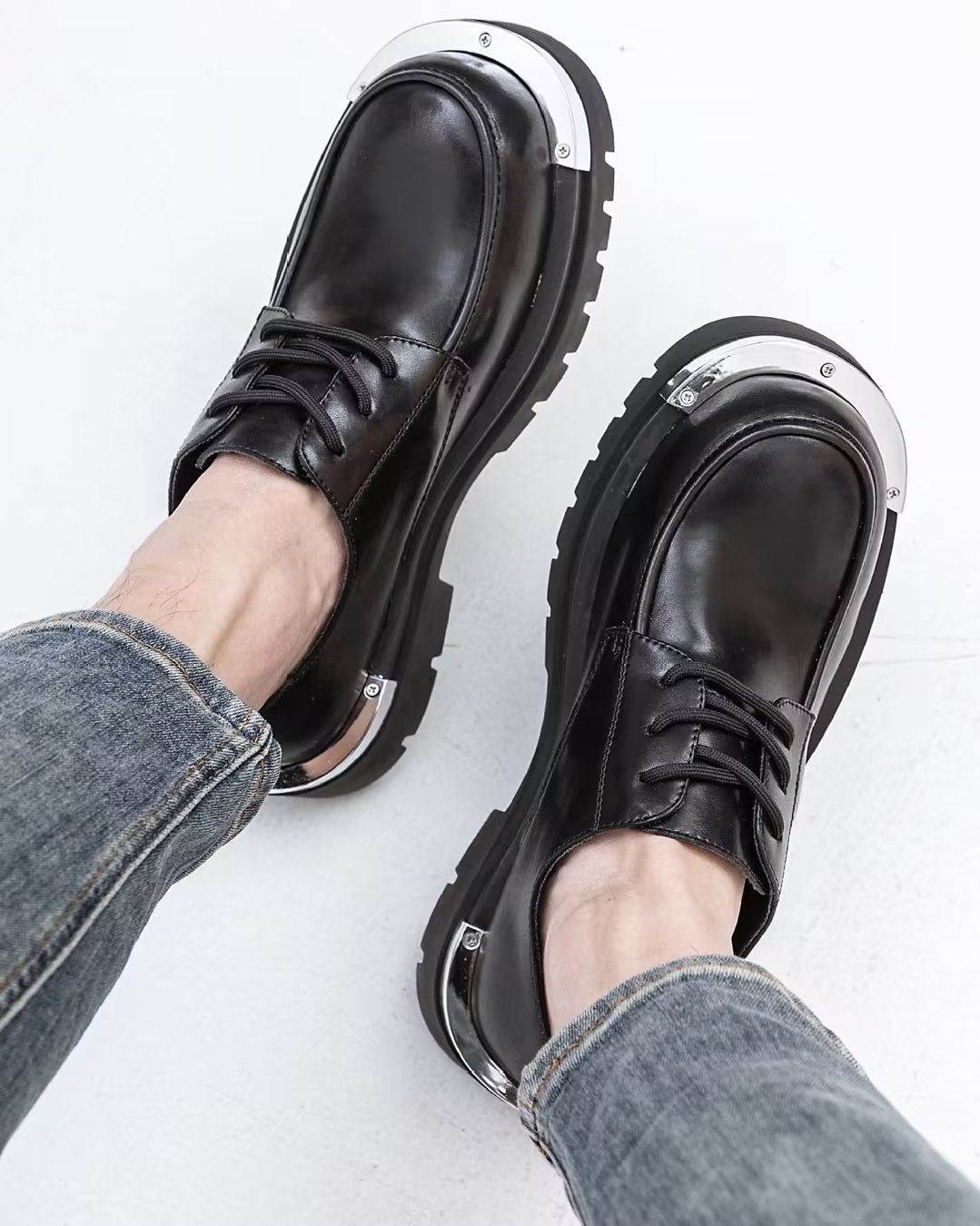 Korea 20f3d Men 2023 Leather Platform Oxfords Slip On Thick Tottom Male Derby Casual Loafers Mens Square Toe Formal Dress Shoes s
