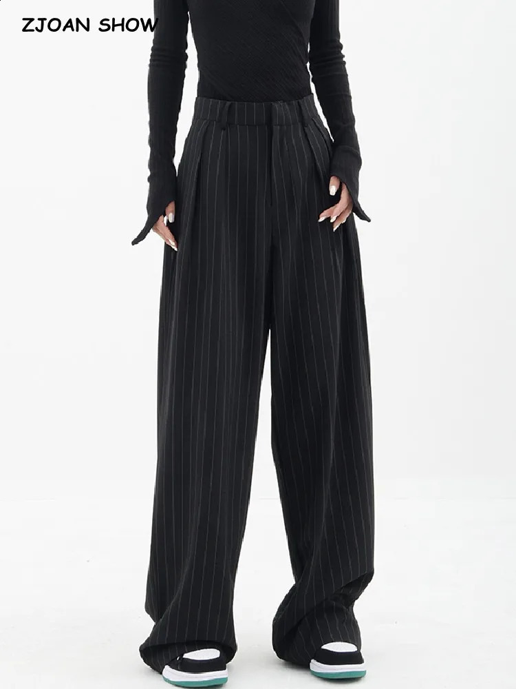 Y2K retro black and white striped high waist wide leg pants for women pleated front loose Korean mens 240827