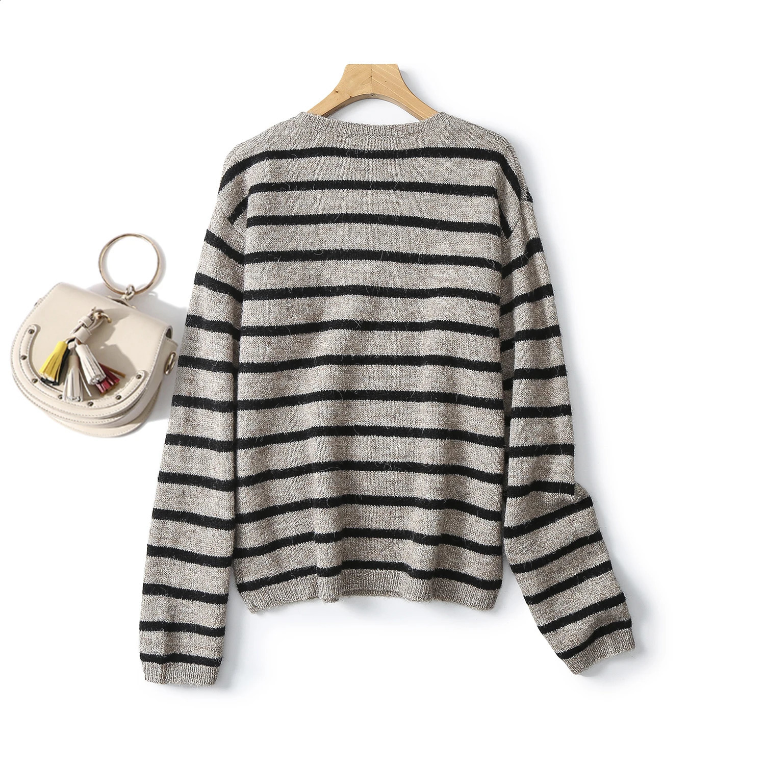 Ethereal MD Womens Casual Lazy Soft Wax Striped Cream Neck Sweater 240827