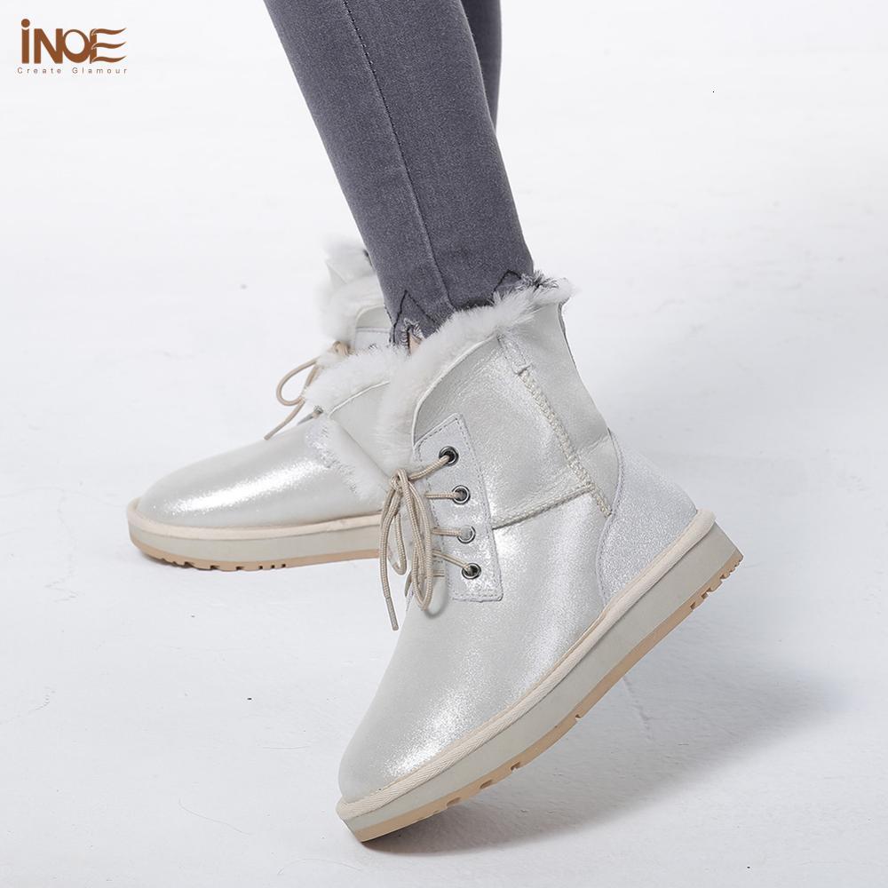INOE Real Sheepskin Leather Natural Wool Fur Ed Winter Snow Boots For Women Fashion Short Ankle Warm Shoes White Flats