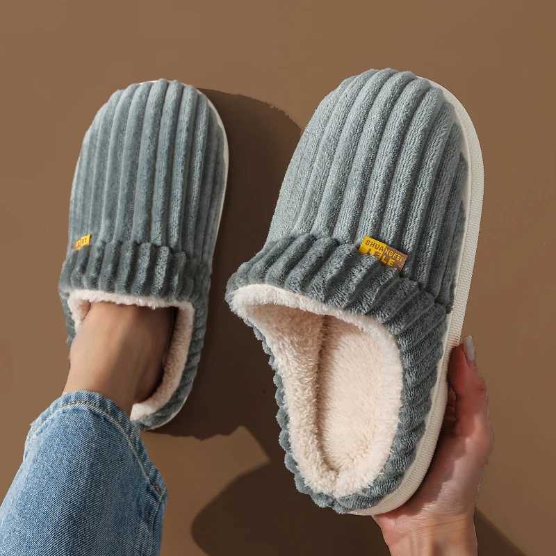 Winter couple style comfortable striped Plus womens non slip soft flip cover womens flat casual cotton shoesCL241017