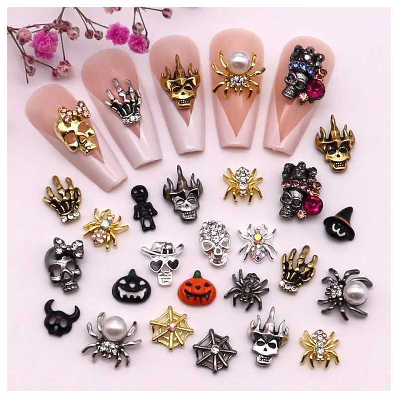 10 pieces/pack Metal Halloween nail decoration pumpkin skeleton spider skull shiny rhinestone charm nail accessories W240829