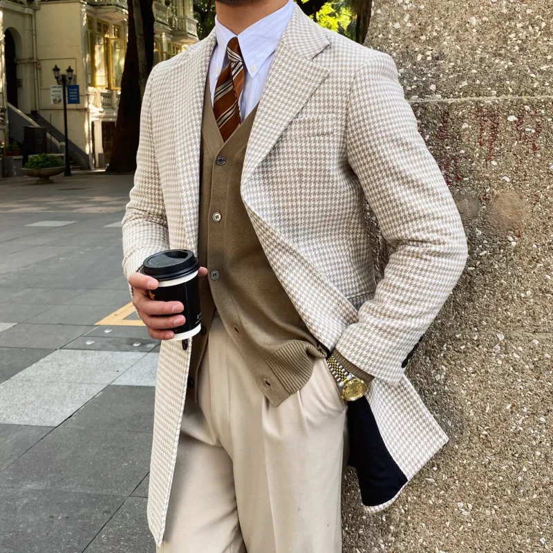 British retro hunting dog jacket mens long warm jacket autumn and winter mens wool jacket high-quality Abrigo Largo Hombre Mantel Wolle 240829
