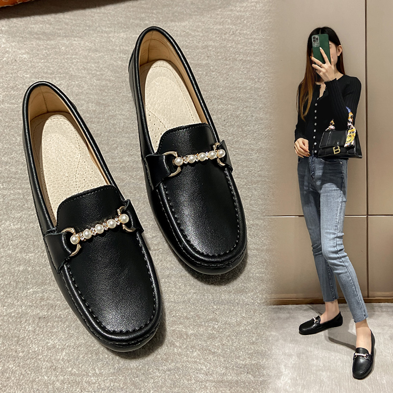 Luxury Pearl Band cow leather flat shoes woman round toe moccasins anti-slip cozy pregnant shoes female genuine leather loafers