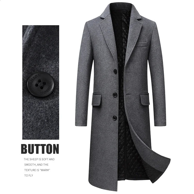 Mens autumn and winter X long wool jacket mens business and leisure ultra-thin solid wool windproof jacket high-quality thick warm trench jacket 24082