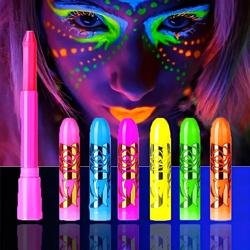 6-piece/set UV reactive glow in the dark crayon set neon glow makeup wand used for carnival and Halloween makeup 240829