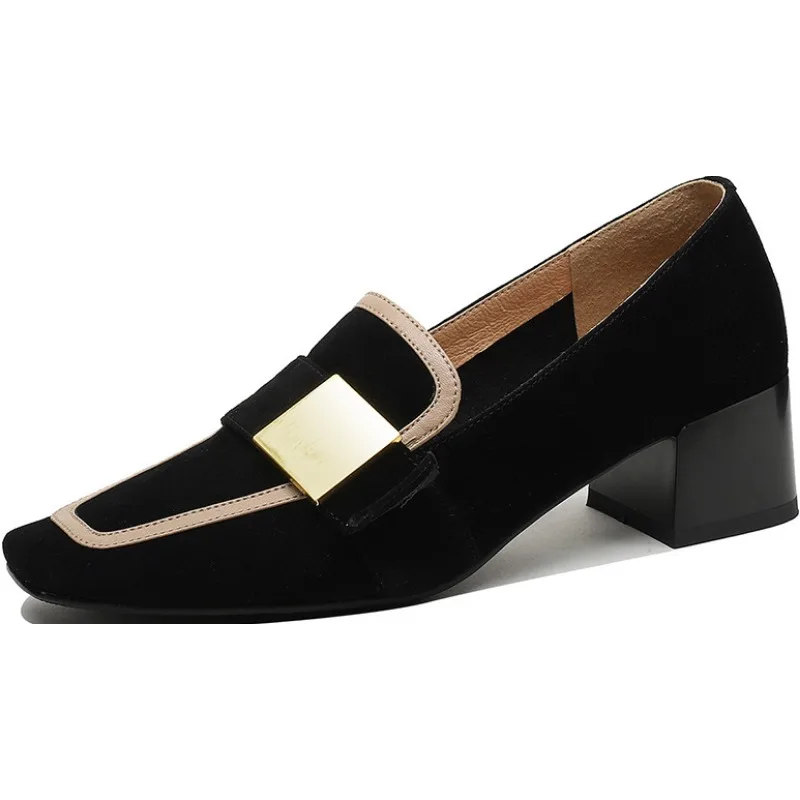 Oxford Women Vintage Mid Square Toe Pumps Metal Slip on New Sewing High Heels Boat Elegant Dress Shoes 0753